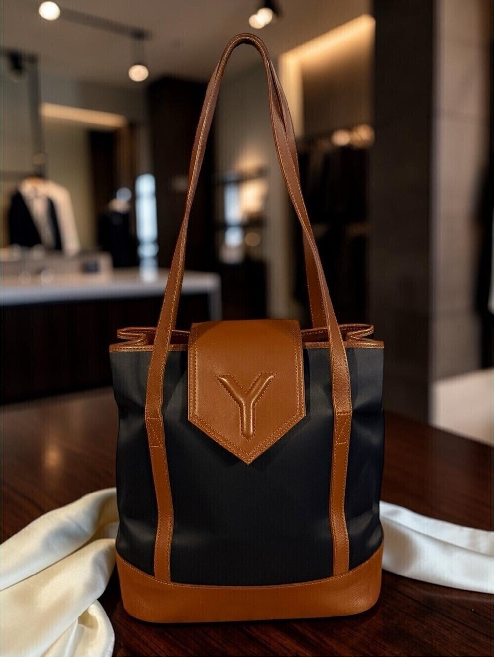 Yves Saint Laurent YSL Vintage Black Canvas Brown Leather Bucket Tote Bag COA